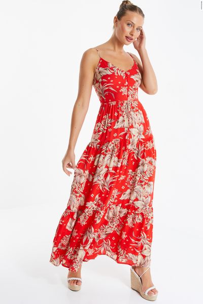 Red Floral Tiered Maxi Dress